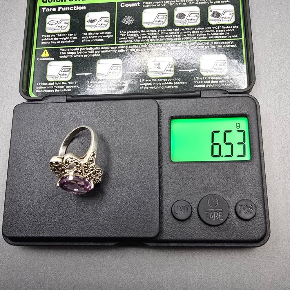 VTG Sterling Silver Amethyst Marcasite Cocktail Ring Size 6.5 Signed TH Art Deco - Picture 12 of 13